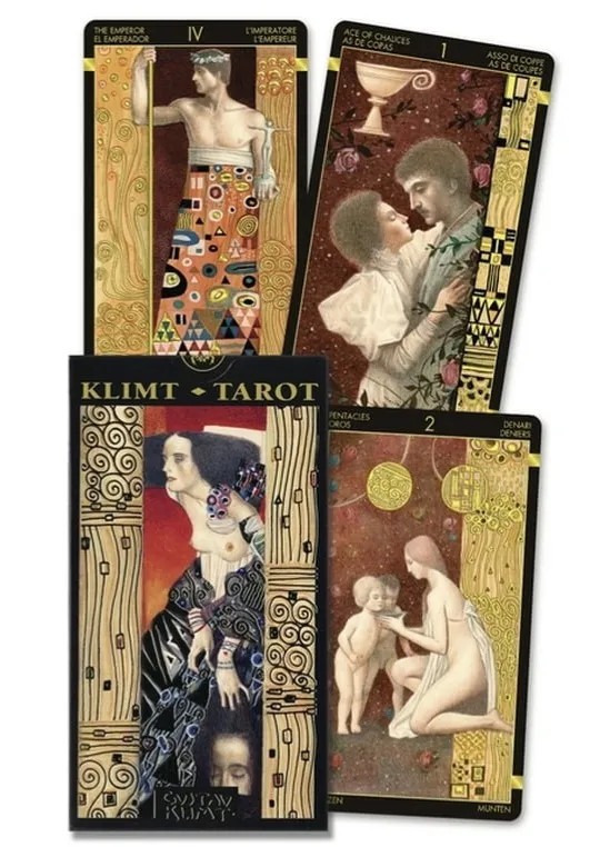 Image of the Gustav Klimt Tarot, showing off three cards from the deck, along with its box.