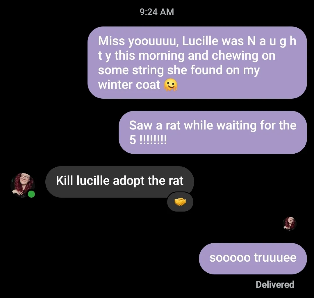Screenshots between me and my wife texting. I say Miss yooooou, Lucille was Na u g h t y this morning and chewing on some string she found on my winter coat. Saw a rat while waiting for the 5!!!!!!! My wife says Kill Lucille adopt the rat. I respond by saying soooooo truuuuueee