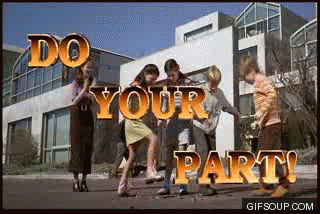 A gif from a propoganda scene from the movie Starship Troopers. A group of children are manically stomping on bugs. Everyone is happy and laughing, including a mother who's looking on and cheering for them in an overly exaggerated manner.