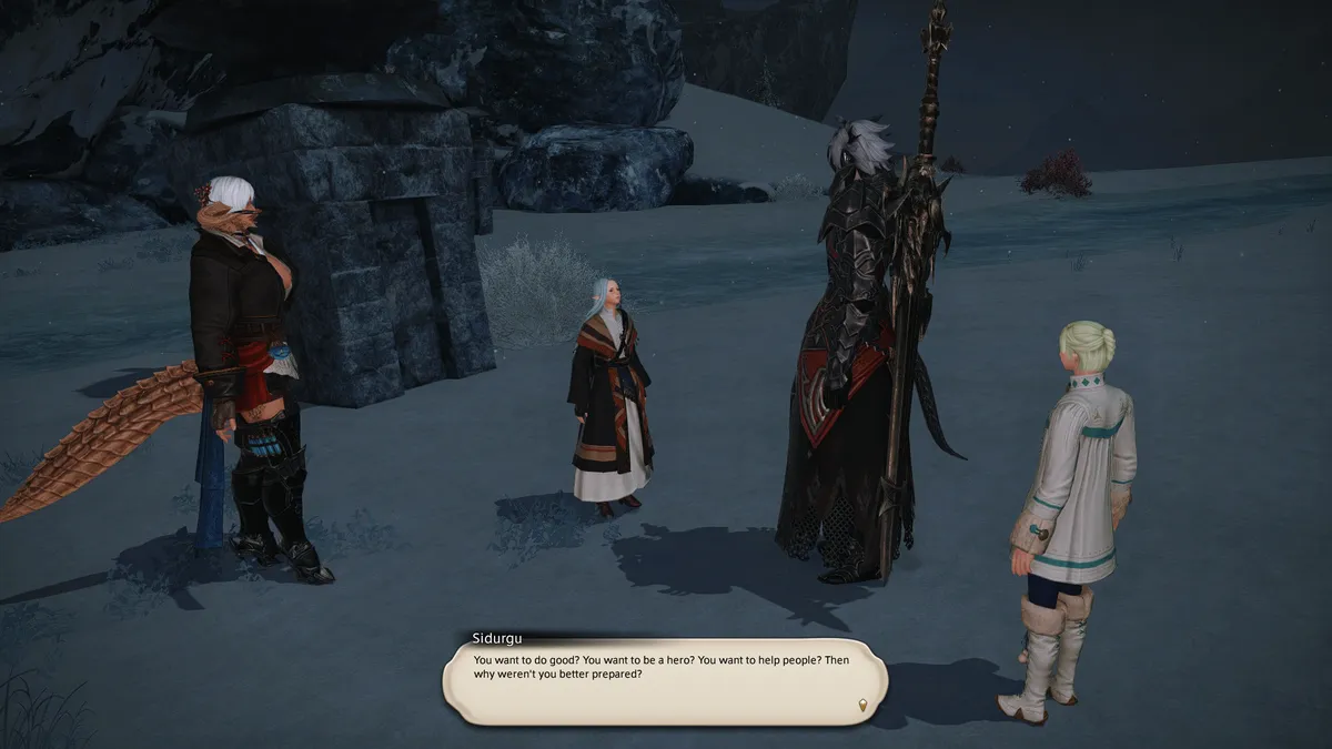 A screenshot from Final Fantasy XIV featuring three characters, two tall Au Ra figures and two Elezen children, standing in the snow; text box below spoken by Sidurgu (tall Au Ra clad in black armor) reads "You want to do good? You want to be a hero? You want to help people? Then why aren't you better prepared?"