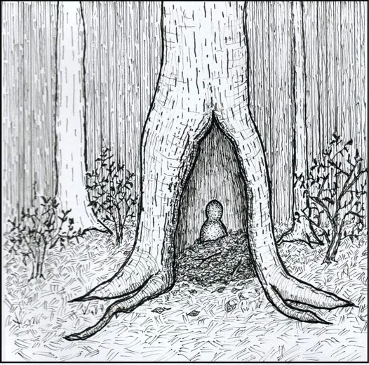 An ink line drawing of a partially hollow tree in a forest. The hollow contains a small crude statuette of a human, but it is half-buried under leaves and debris.
