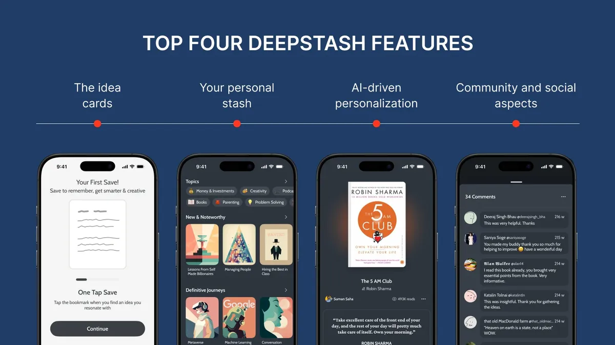 four-iphone-screens-displaying-top-deepstash-app-features-including-idea-cards-personal-stash-book-summaries-and-community-aspects-on-navy-background