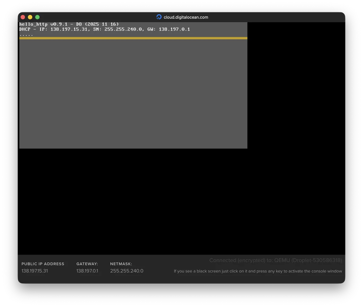 Screenshot of BareMetal in Digitial Ocean configured in VGA text mode
