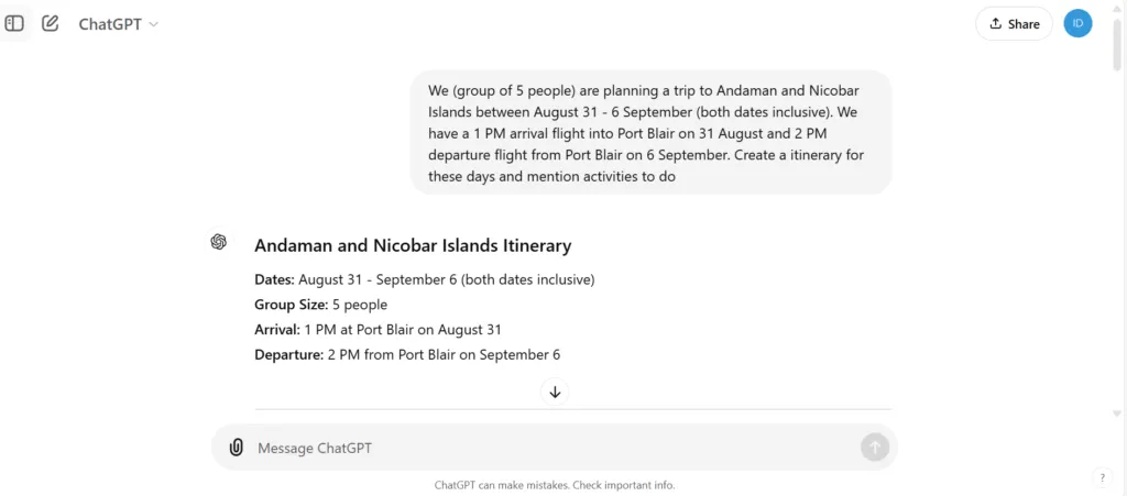 ChatGPT itinerary prompt