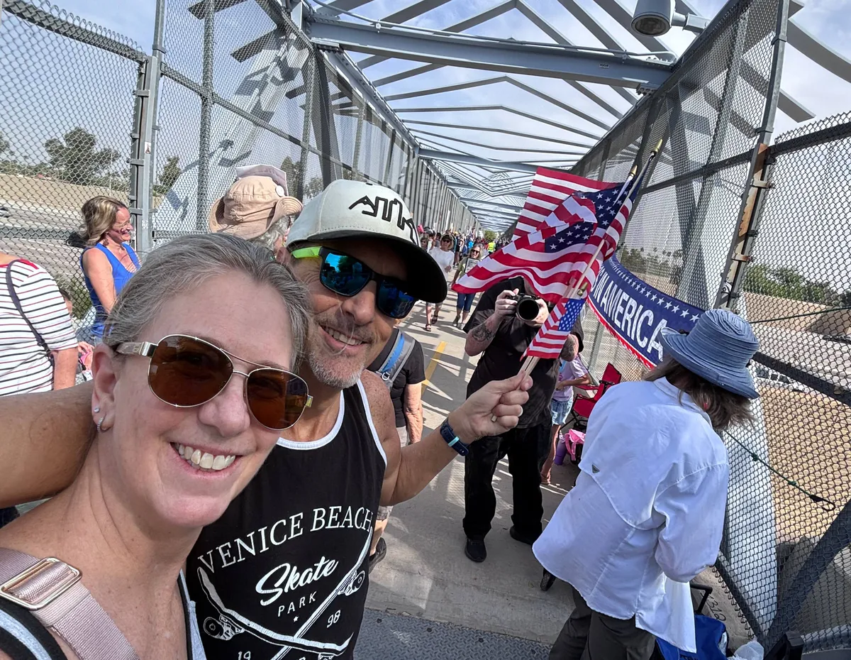 Buffy and Steve on Bridge at No Kings March in Tempe