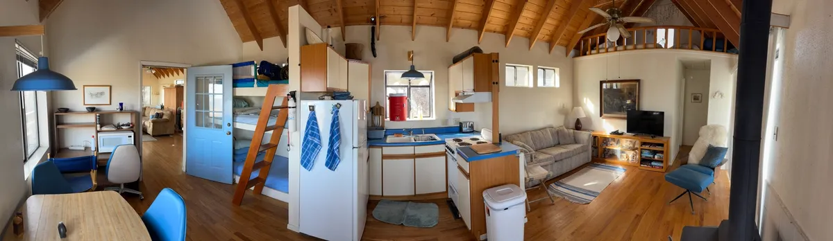 cabin kitchen and tv room