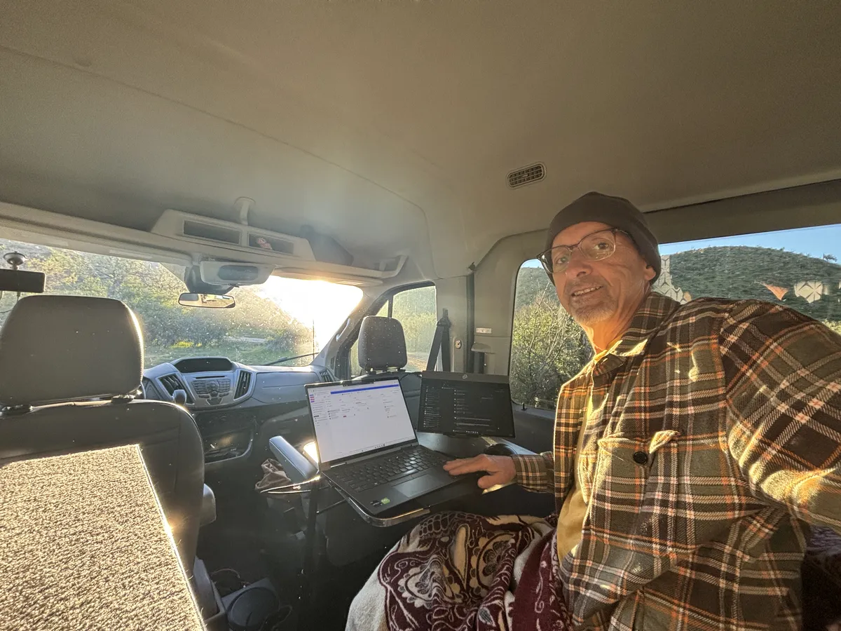 Me working in my van yesterday morning - a chill in the air