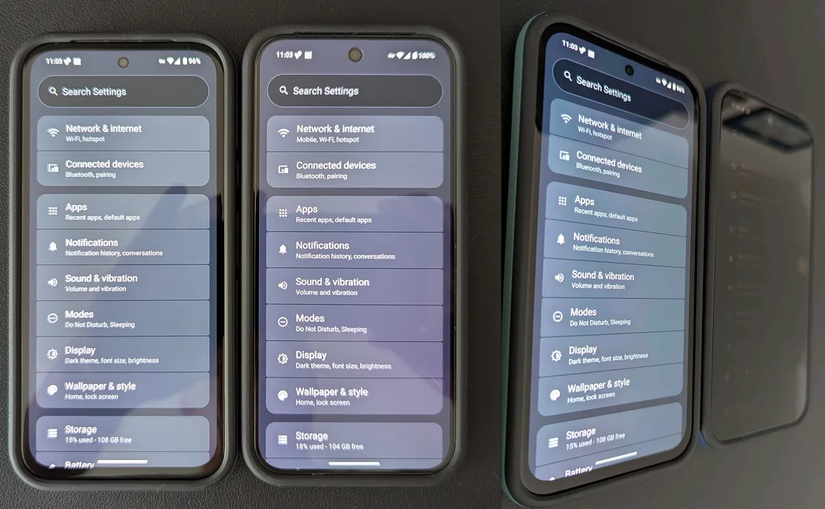 Two phones pictured, one with a privacy screen and the other without