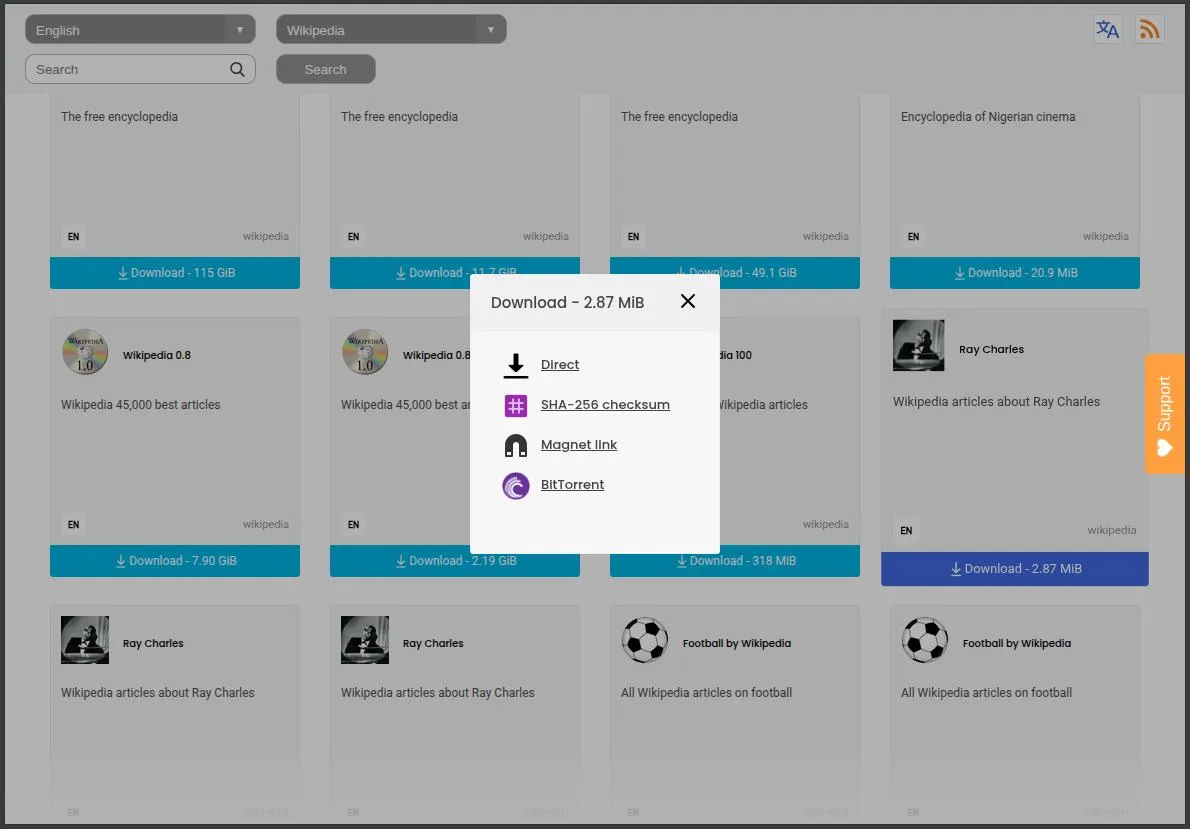  Screenshot of downloading a file from the Kiwix Library 