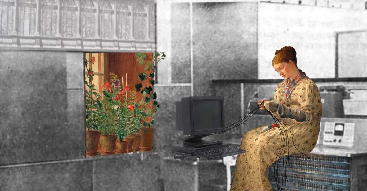 An illustration of a women knitting surrounded by digital technology