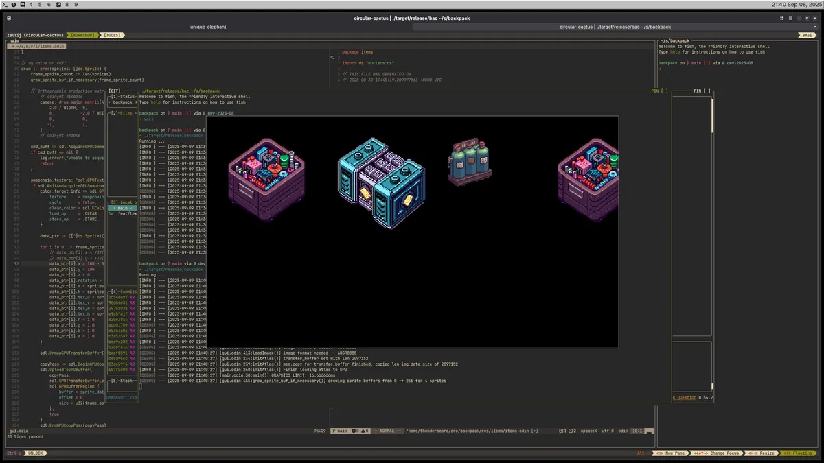 a screenshot of a dev workspace with the game window in 1080p in the center