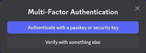 Discord prompting the user for a security key