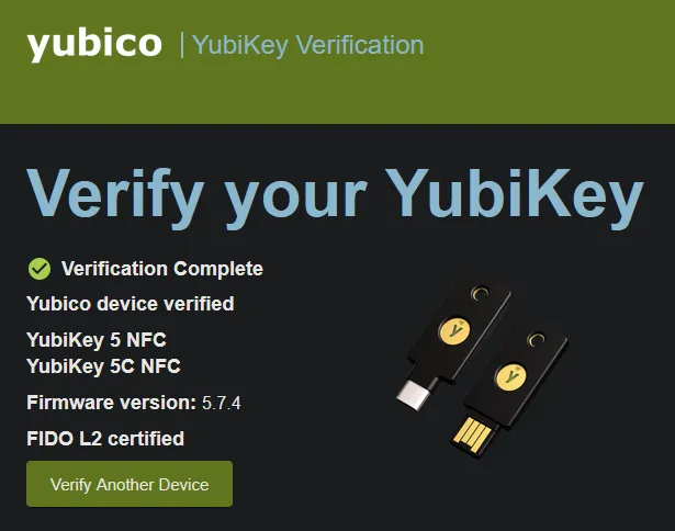 A screenshot of a YubiKey 5C NFC passing the authenticity test