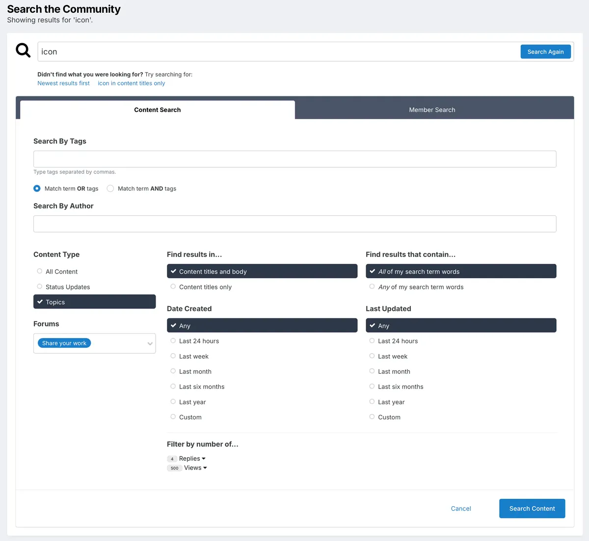 Advanced search on Affinity forum