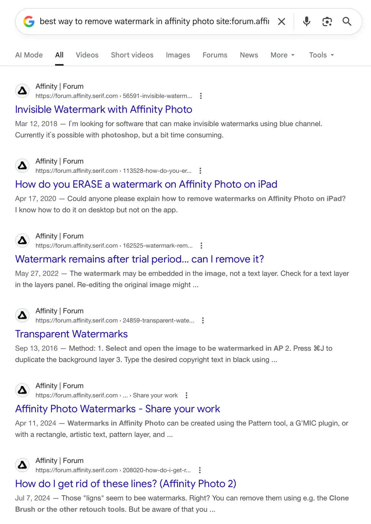 Affinity forum posts on Google search