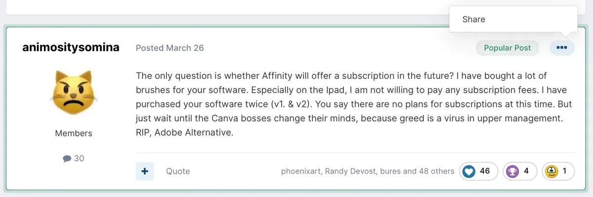 Screenshot of a post reply on the Affinity forum