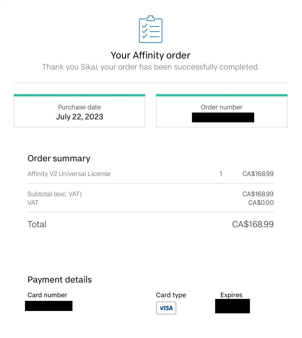 My receipt from Affinity