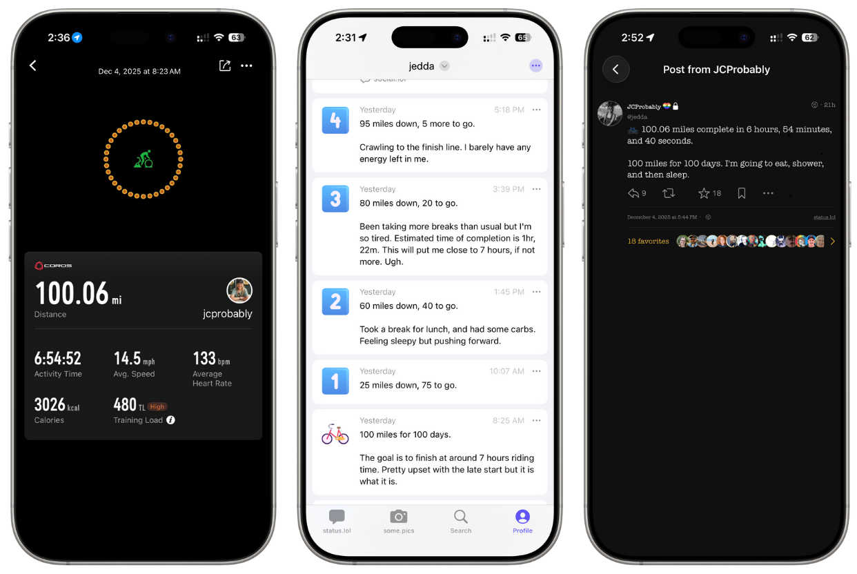 3 phones with screenshots to various things like Coros stats, status.log profile and Mastodon post