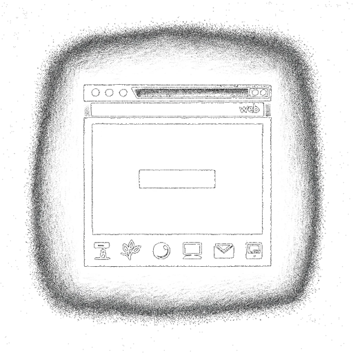 A hand-drawn sketch representing the personal web, depicted as a minimalist web browser interface. The frame is simple, with a top bar resembling a browser's navigation buttons and a main viewing area with a placeholder for content. Below, there is a row of icons, including a personal emblem of a leaf, symbolizing the user's unique interests. The drawing, set against a softly textured backdrop, emphasizes the concept of a personalized and decluttered digital space, designed for individual expression and focus.