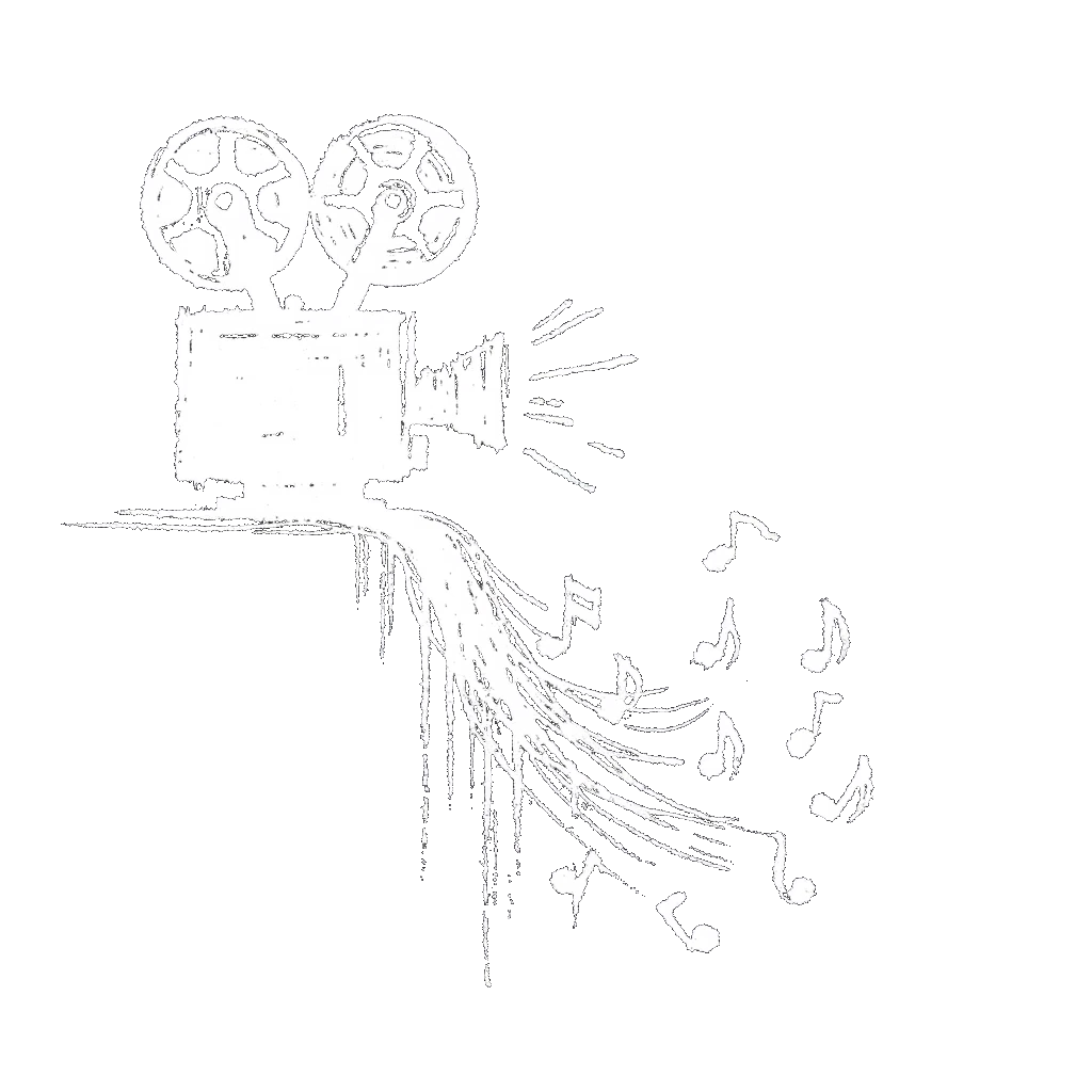 A very simple, hand-drawn black ink sketch depicting the concept of converting a motion picture to audio. It features a crudely drawn film projector with uneven, wobbly lines, emitting a few irregularly shaped musical notes, set against a plain background. The sketch emphasizes minimalism and the charm of a human-drawn piece.