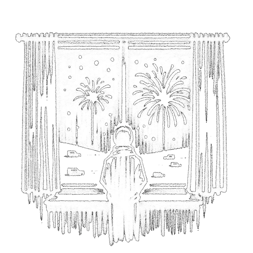 The image is a simple black ink sketch conveying a sense of melancholy on New Year's Eve. It features a solitary figure, drawn in a minimalistic style, gazing out of a large window. Outside the window, faint outlines of fireworks are visible in the distance, suggesting a contrast between the festive atmosphere outside and the introspective mood of the figure. The sketch emphasizes solitude and reflection, with a focus on the emotional atmosphere rather than detailed scenery or character features.