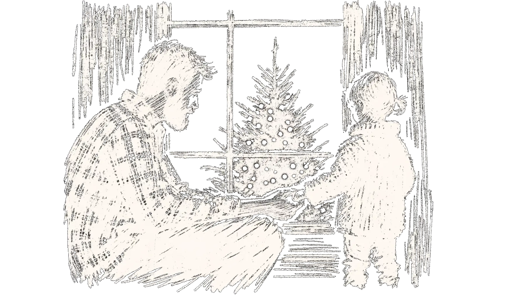 A black and white sketch depicting a father and his young daughter standing inside, looking out through a large window at a Christmas tree outside. The father, a Caucasian man with a beard, gently holds the hand of his daughter, a small girl with short hair. Their silhouettes are outlined against the window, with the modestly decorated outdoor Christmas tree visible in the background, adorned with lights and minimal ornaments. The drawing is rendered in a rough, expressive style, capturing the warm and intimate moment between the father and daughter.
