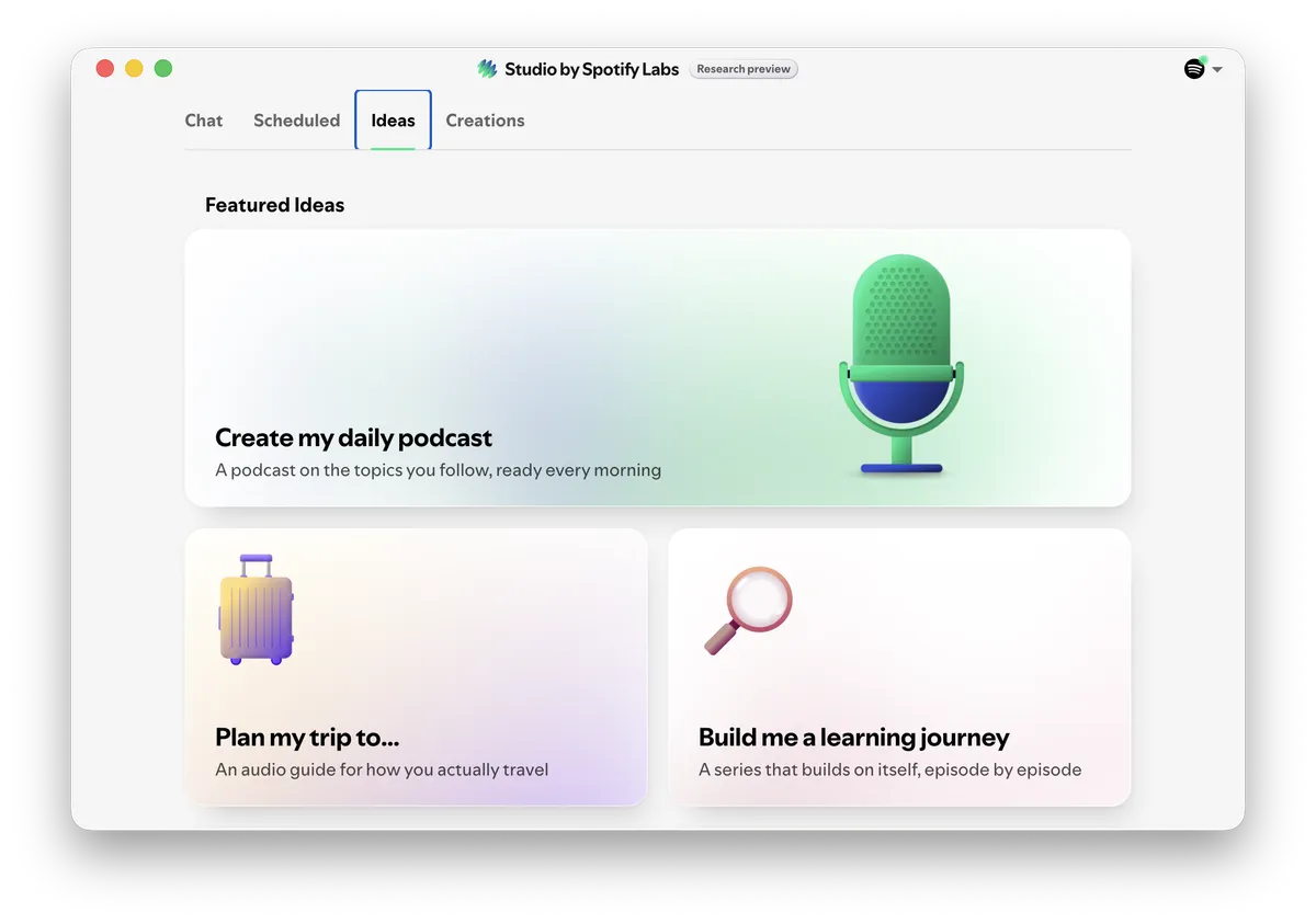 Studio by Spotify Labs, Ideas tab with featured starting points