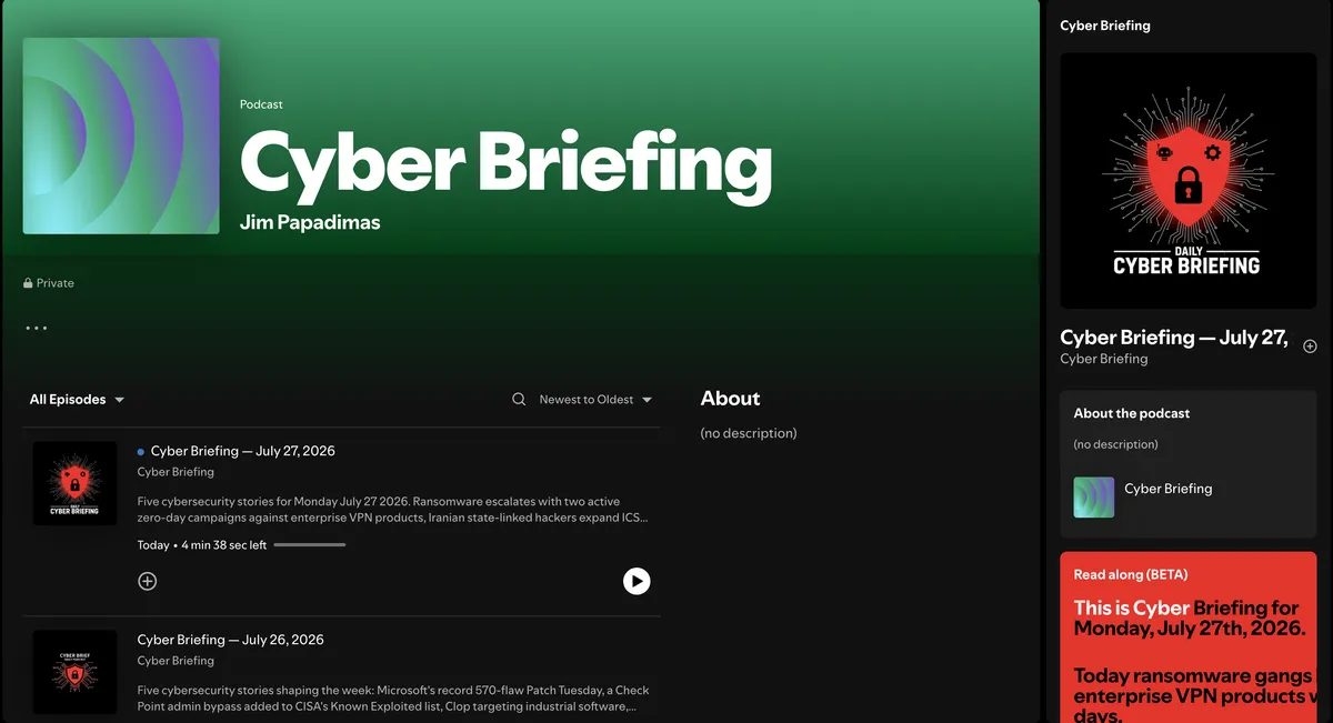 The generated Cyber Briefing podcast in my Spotify library, with the Read Along beta open
