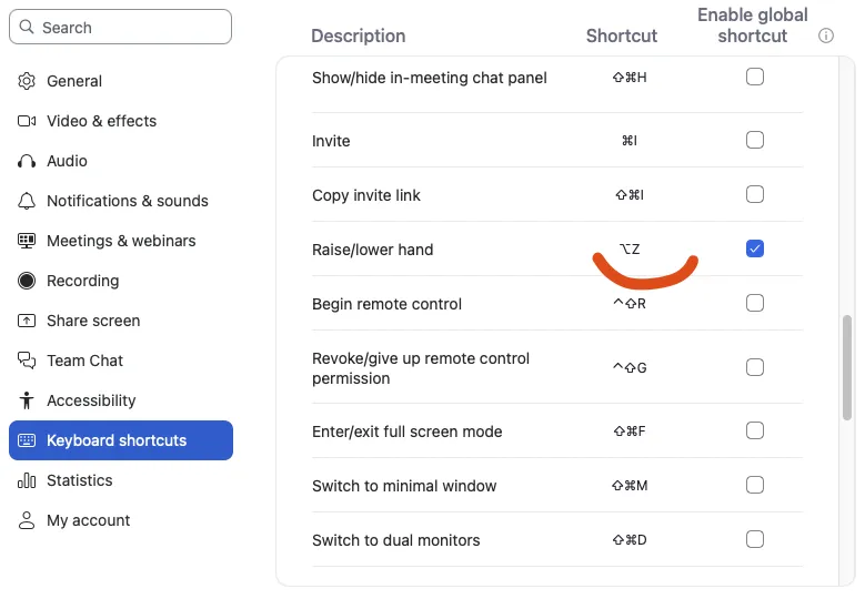 Zoom global keyboard shortcuts