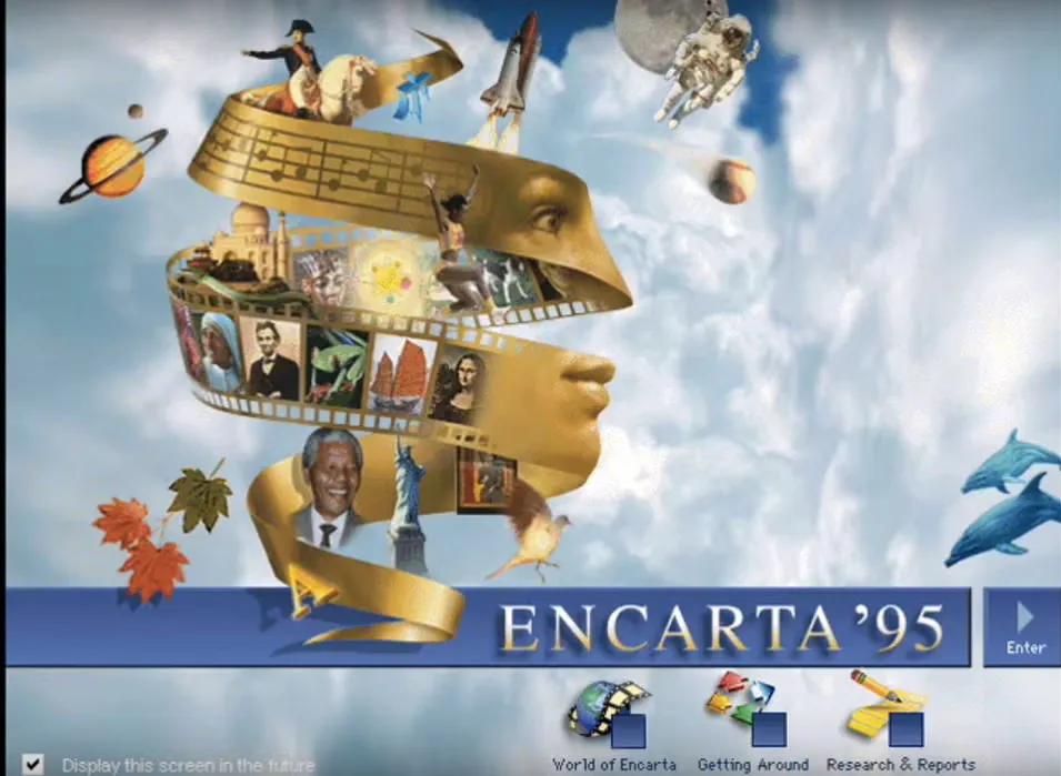 Microsoft Encarta '95 home screen with its swirling film-strip collage