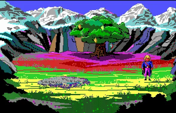 EGA pixel-art scene of Erana's Peace, a lush meadow with a large tree and snow-capped mountains