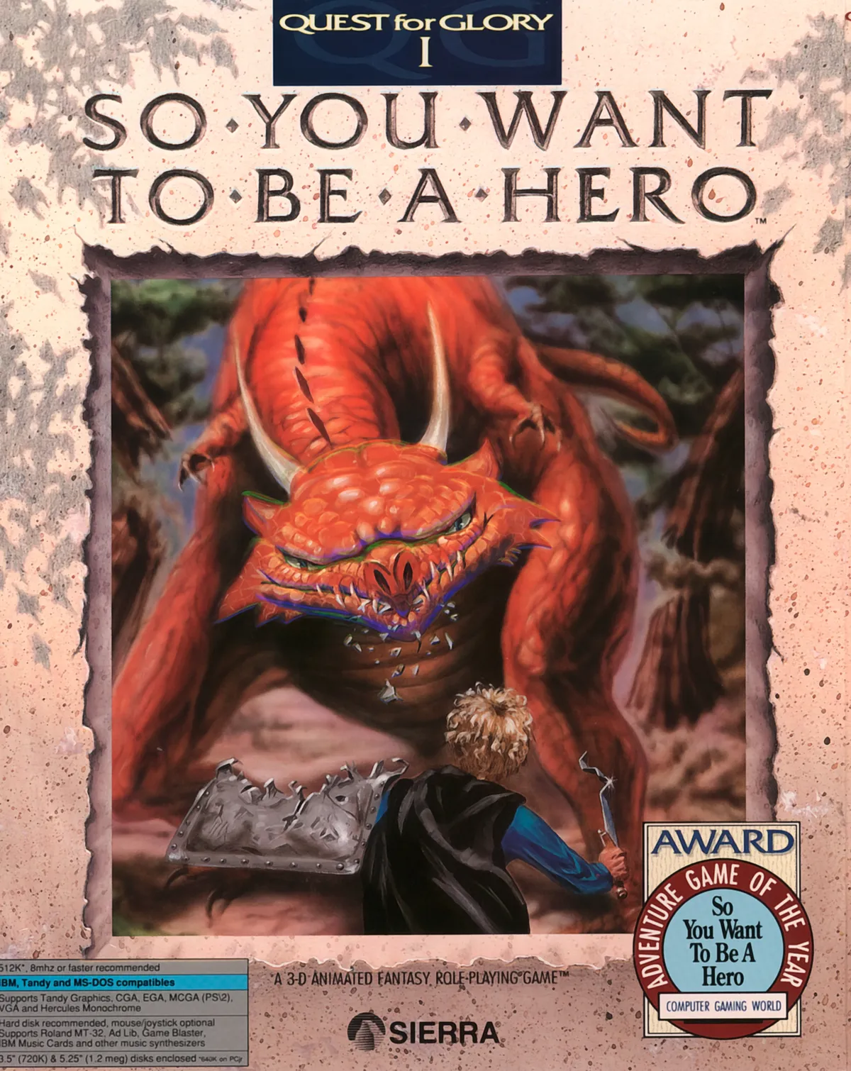 Box art for Quest for Glory I: So You Want to Be a Hero, showing the hero facing a red dragon