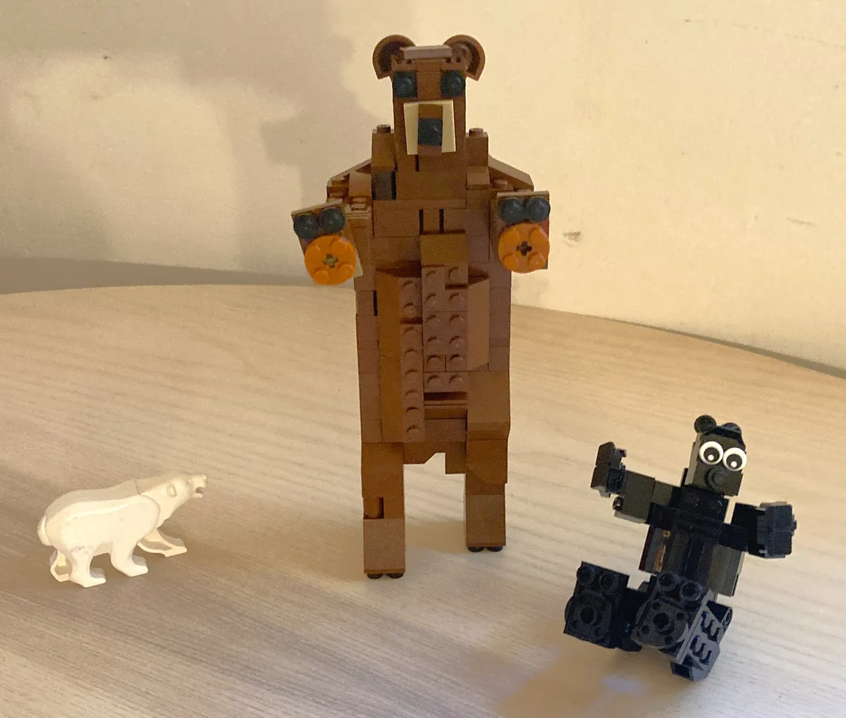 A trio of bears built from Legos.