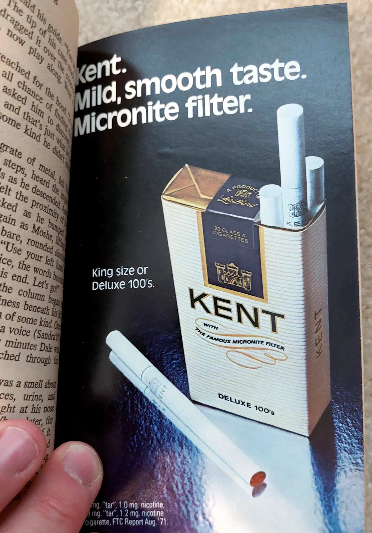 An in-book ad for Kent cigarettes - cancer with a smooth taste!