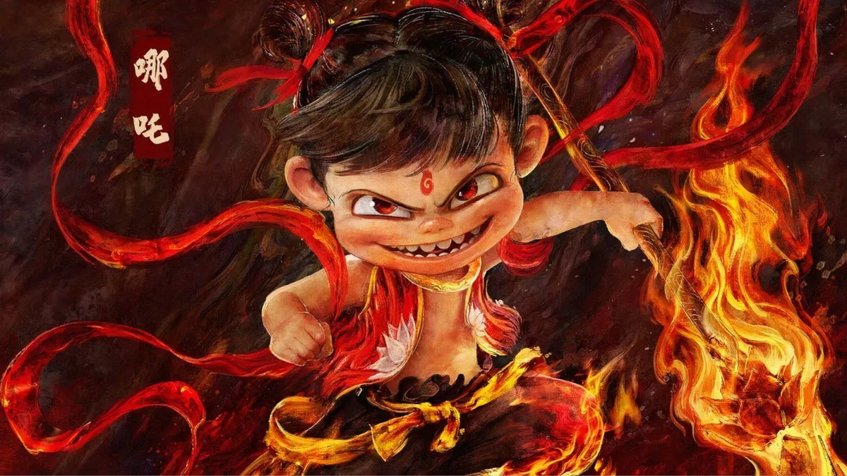 A creepy looking depiction of Ne Zha, smiling with sharp teeth
