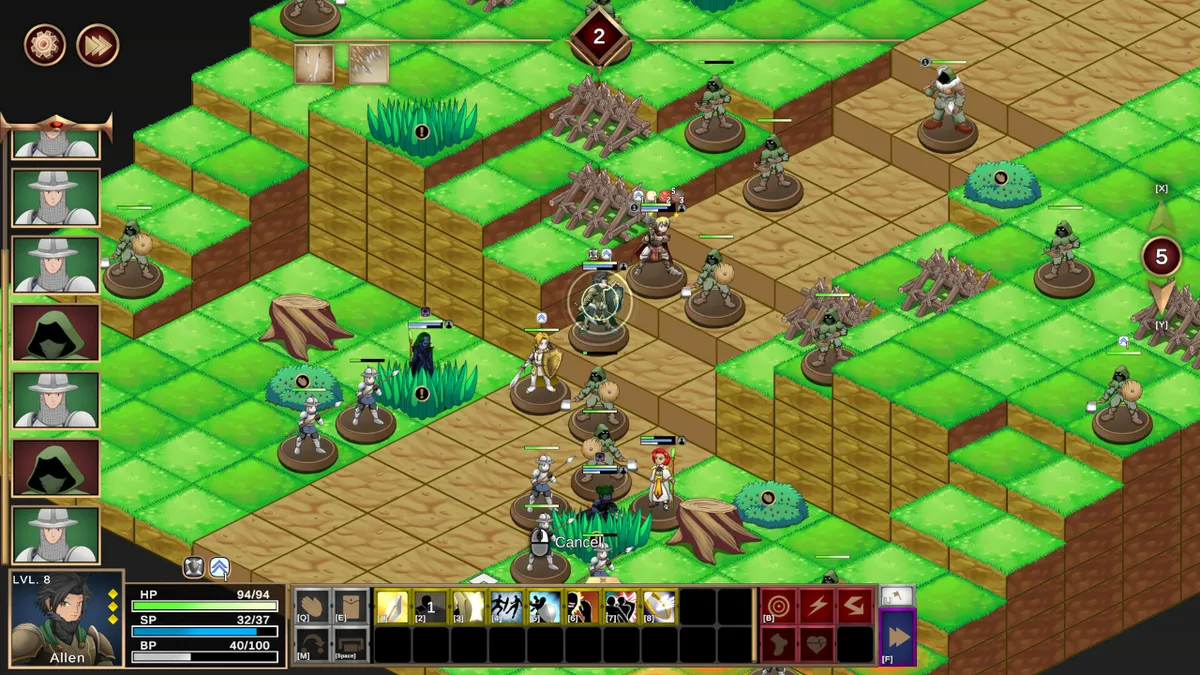 A generic screenshot of Our Adventurer Guild showcasing a battle on hilly terrain