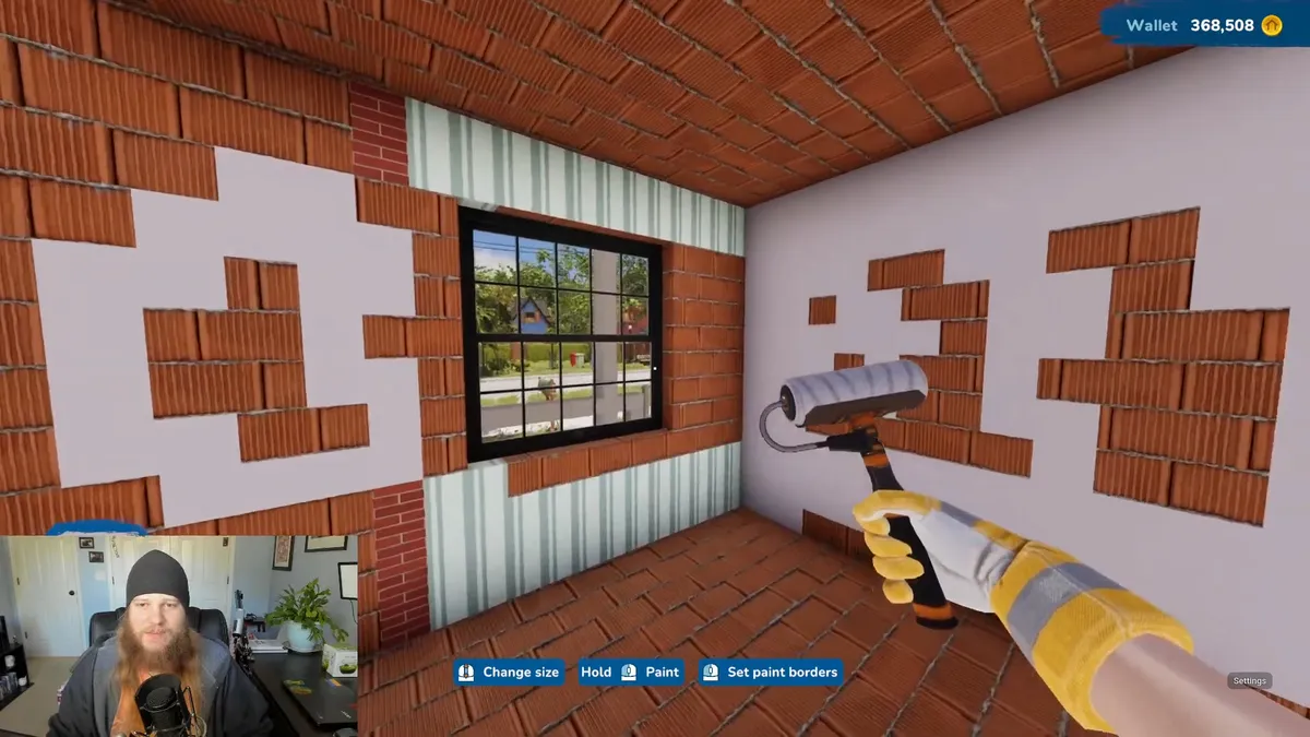 Screenshot from my Triple Iris livestream, with me playing the game House Flipper 2 and a face cam in the bottom corner