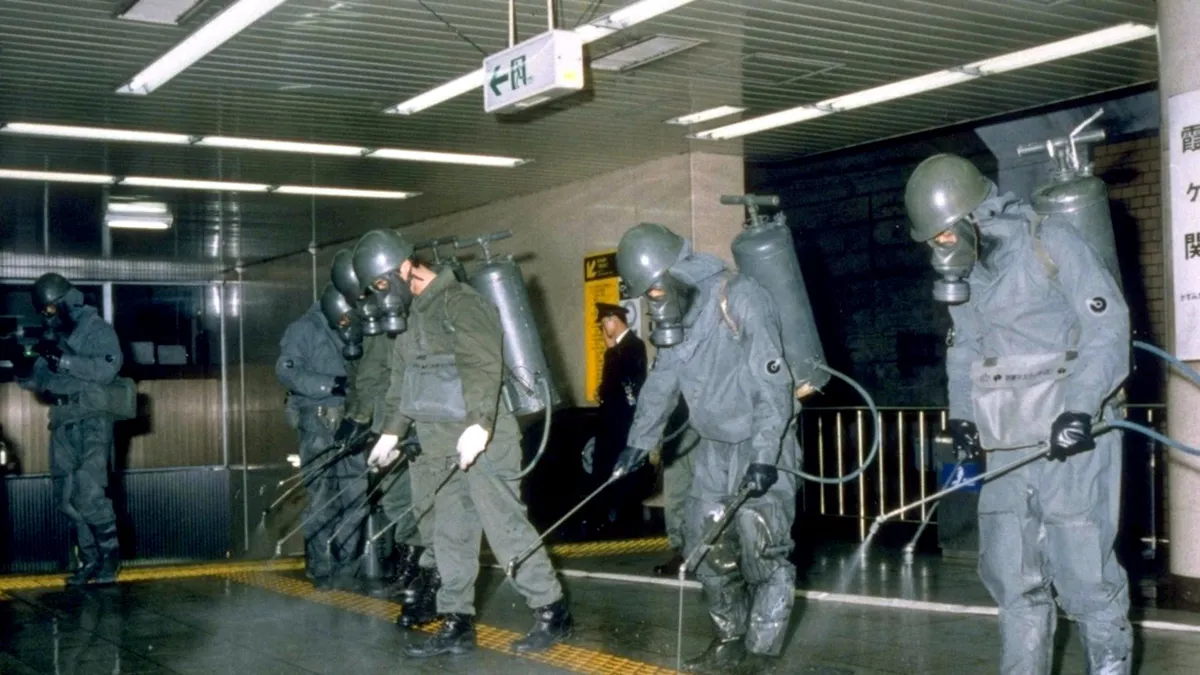 Japanese workers clearing sarin gass residue from the Tokyo subway