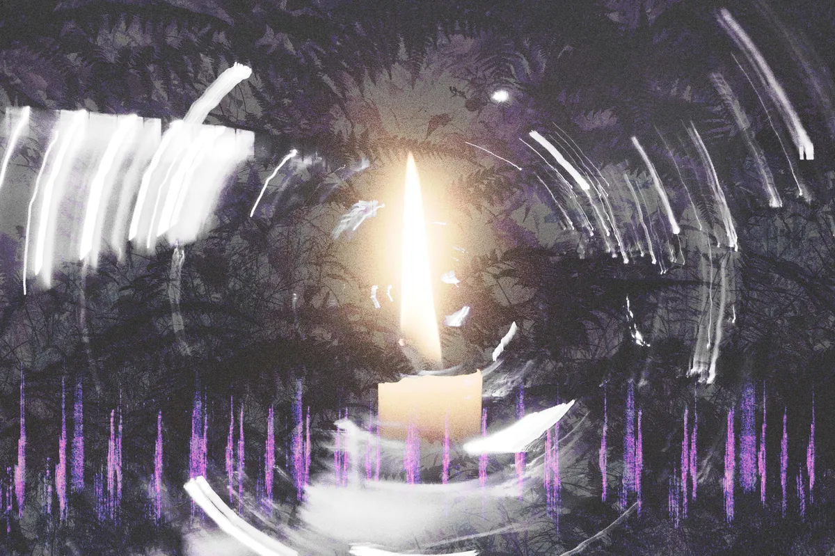 Jordan Sampson Creative - light a candle - digital composite - film style layering - spectogram art - light painting layers - specialized camera movement - candle, jungle, purple