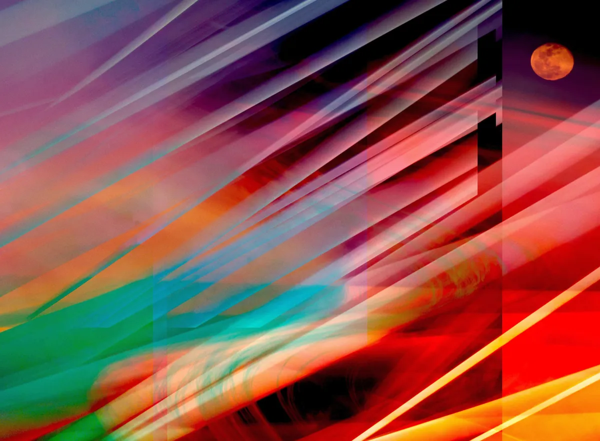 Jordan Sampson Creative - digital composite - space scene - vivid colors - light bending - moon and saturn rings - reds, greens, purples, yellows