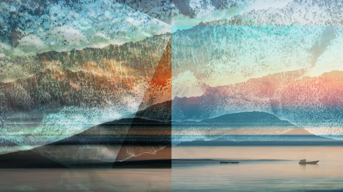 Jordan Sampson Creative - sail boat and calm waters - digital composite - coral orange, mint, autumn orange, deep sea green