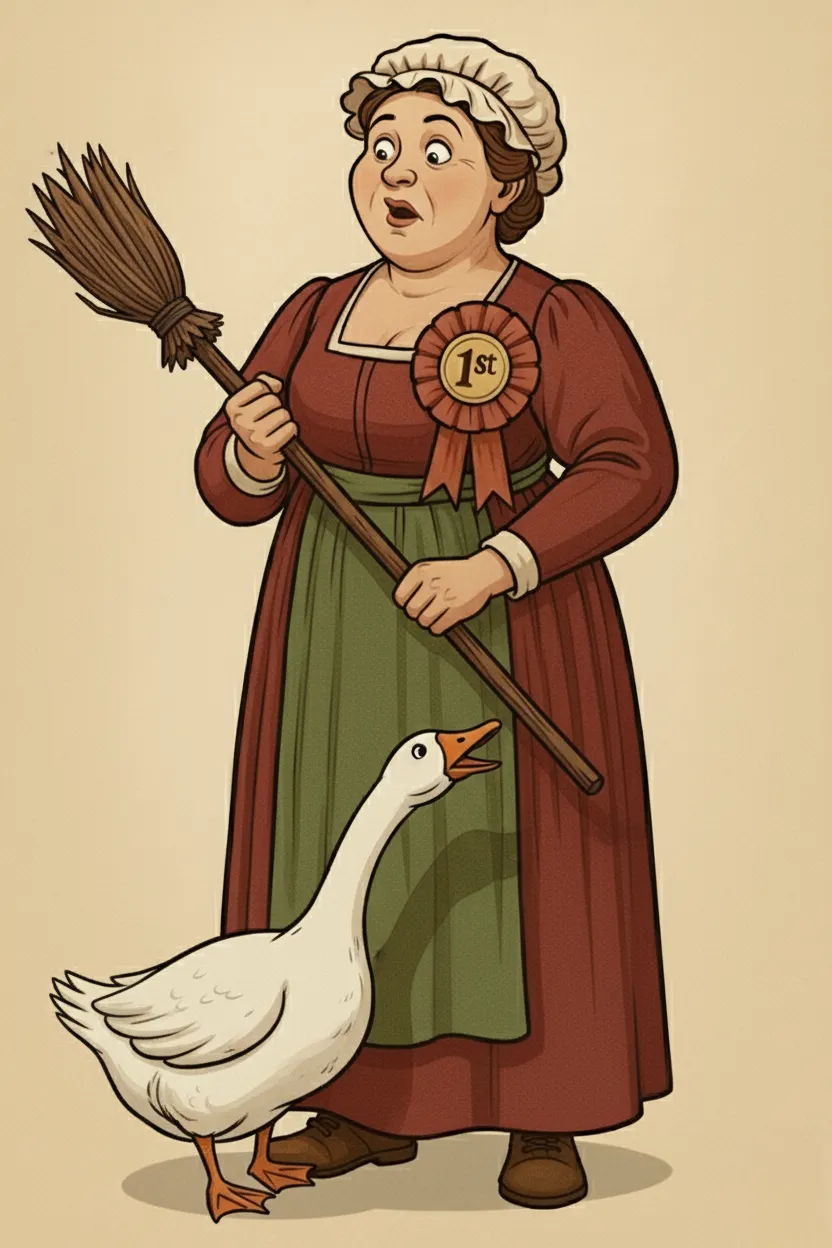 Dorcas with broom and goose