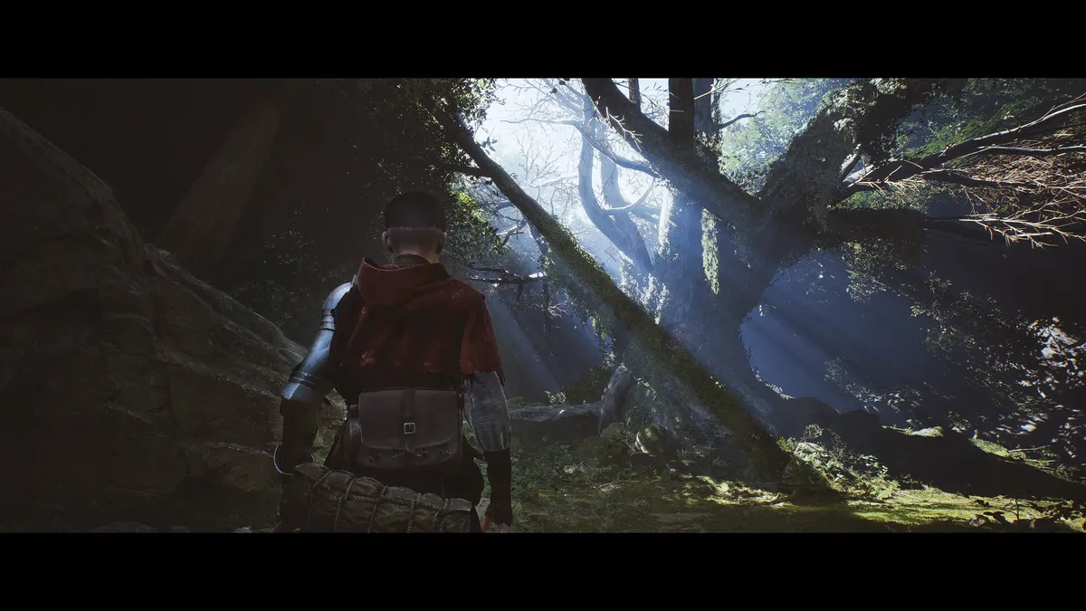 Aeta stands with her back to the camera, facing a gnarled, moss-covered tree in the middle of a forest. Beams of sunlight shine through from the top left.