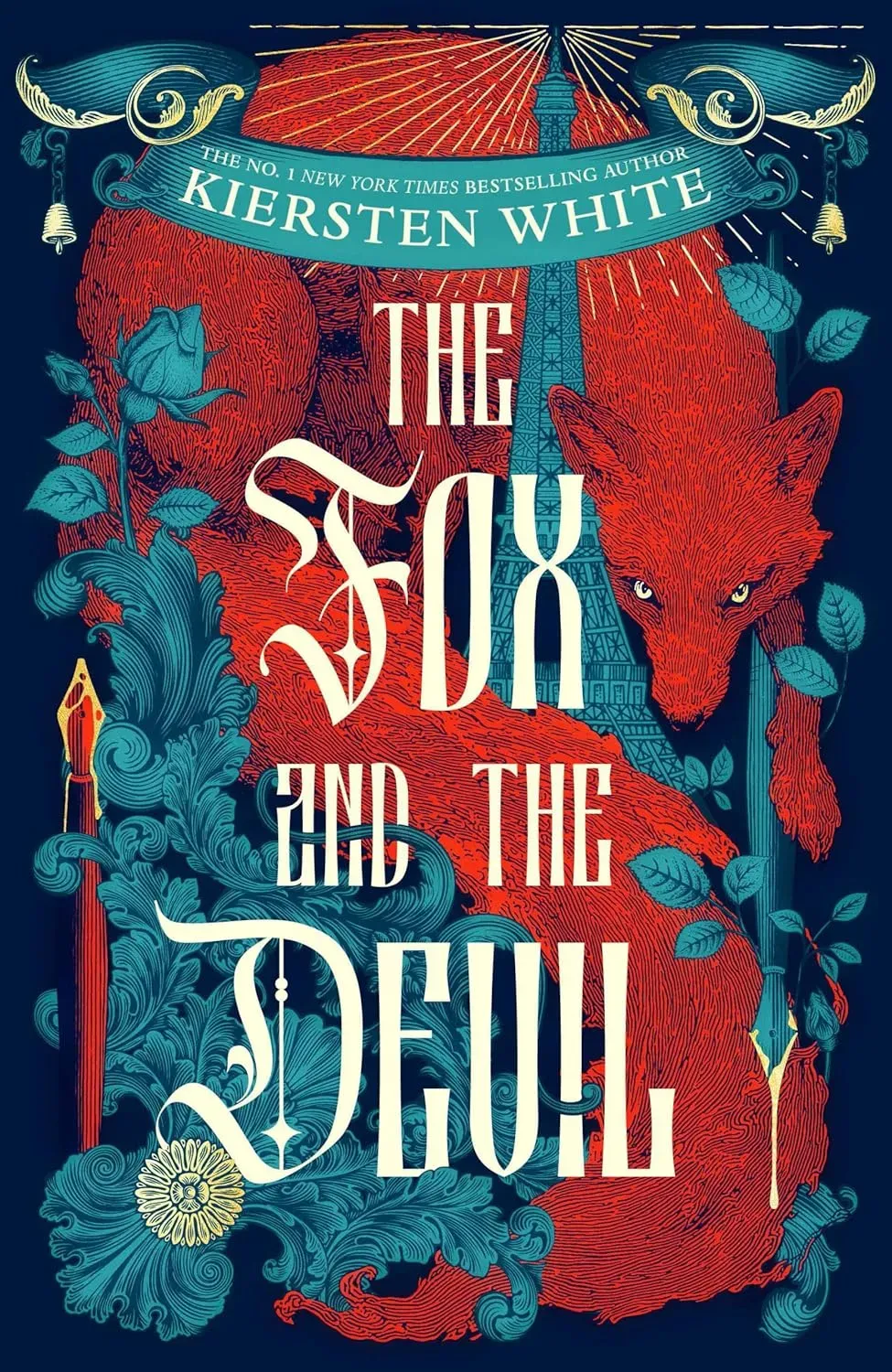 The cover of The Fox and the Devil, by Kiersten White features an illustration of a bright red fox is wrapped around the Eiffel Tower and surrounded by roses and filigree designs.