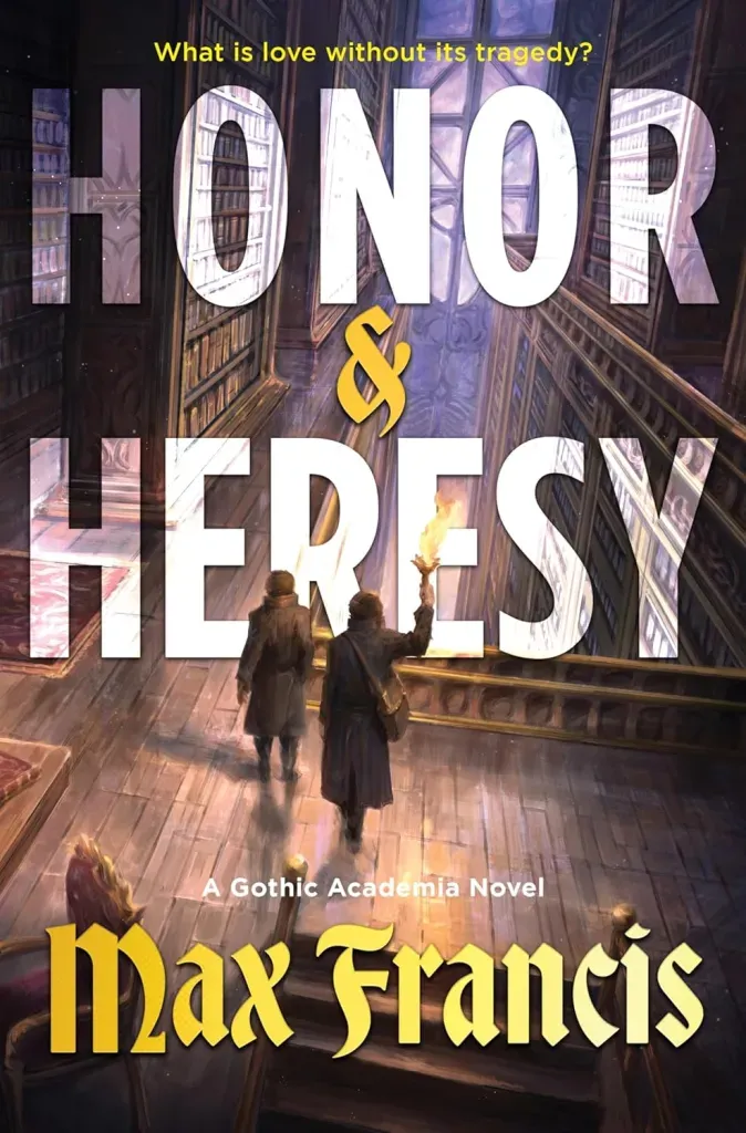 The cover of Honor and Heresy, by Max Francis features the interior of a massive, multi-storied library with wooden floors and railings, long stretches of full bookshelves, with a massive, pale stained glass window in the distance. Two men in long coats stand in the foreground on a wooden catwalk with their backs to the viewer. The one on the right holds up a flaming torch.