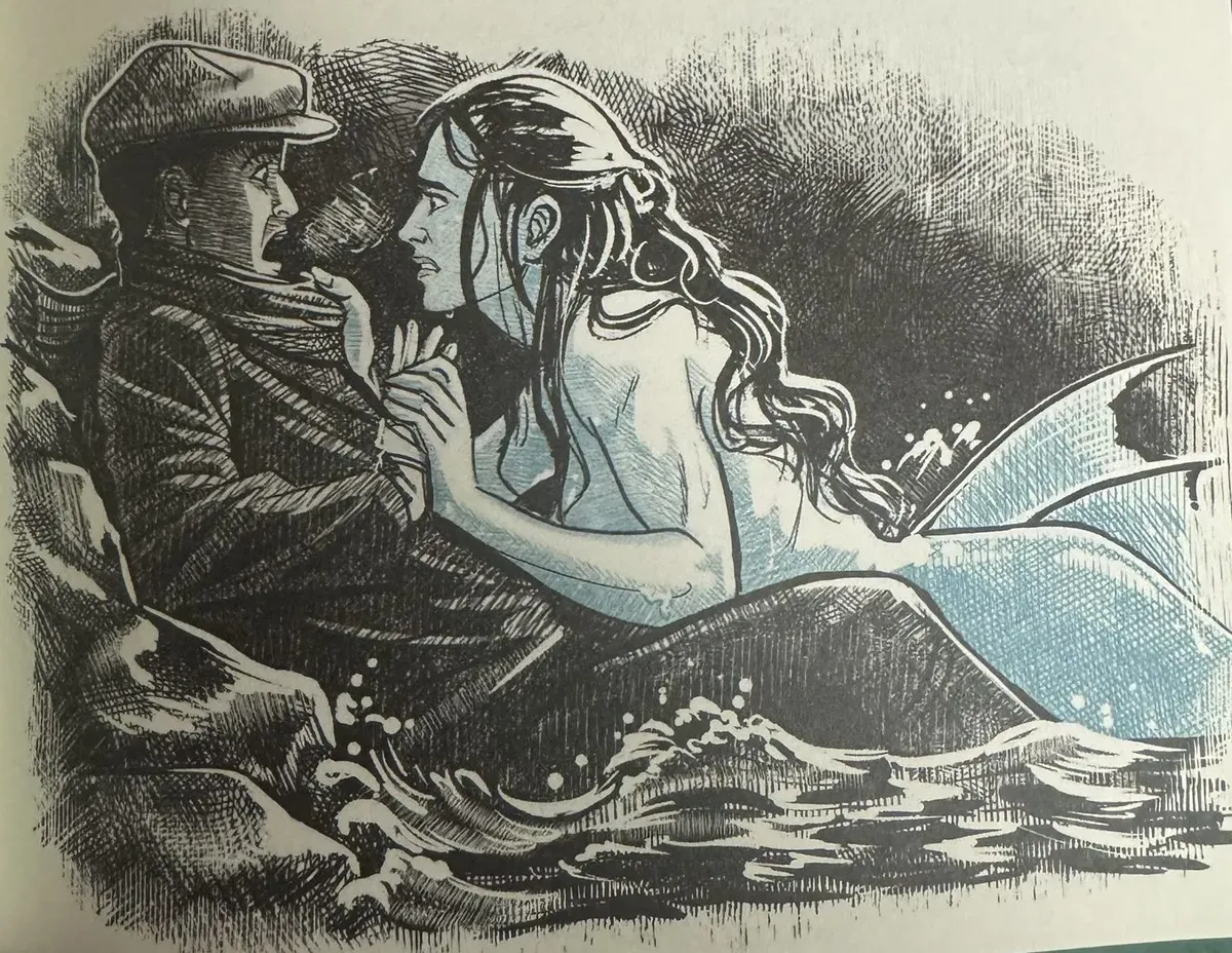 A black and white illustration with turquoise accents. A mermaid grips Benny by the front of his shirt and holds his bandaged hand with a desperate look on her face.