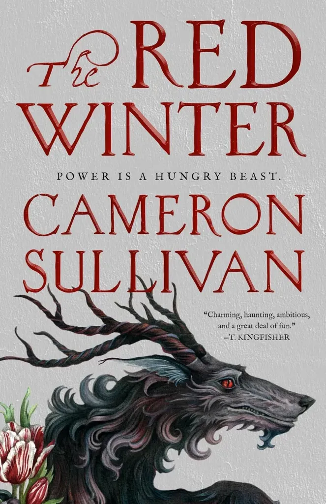 The cover of The Red Winter by Cameron Sullivan has a plain, grey-ish white background. The bottom half has an illustration of a black and grey wolf-like creature with a long snout, red eyes, and twisting, tree-branch-like horns. A half-bloomed white lily with red stripes is in the lower left corner.