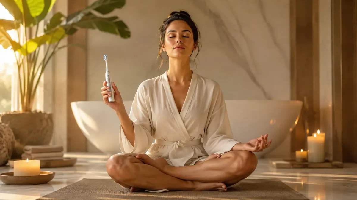 AI generated image of a woman in a lotus position holding an electric toothbrush