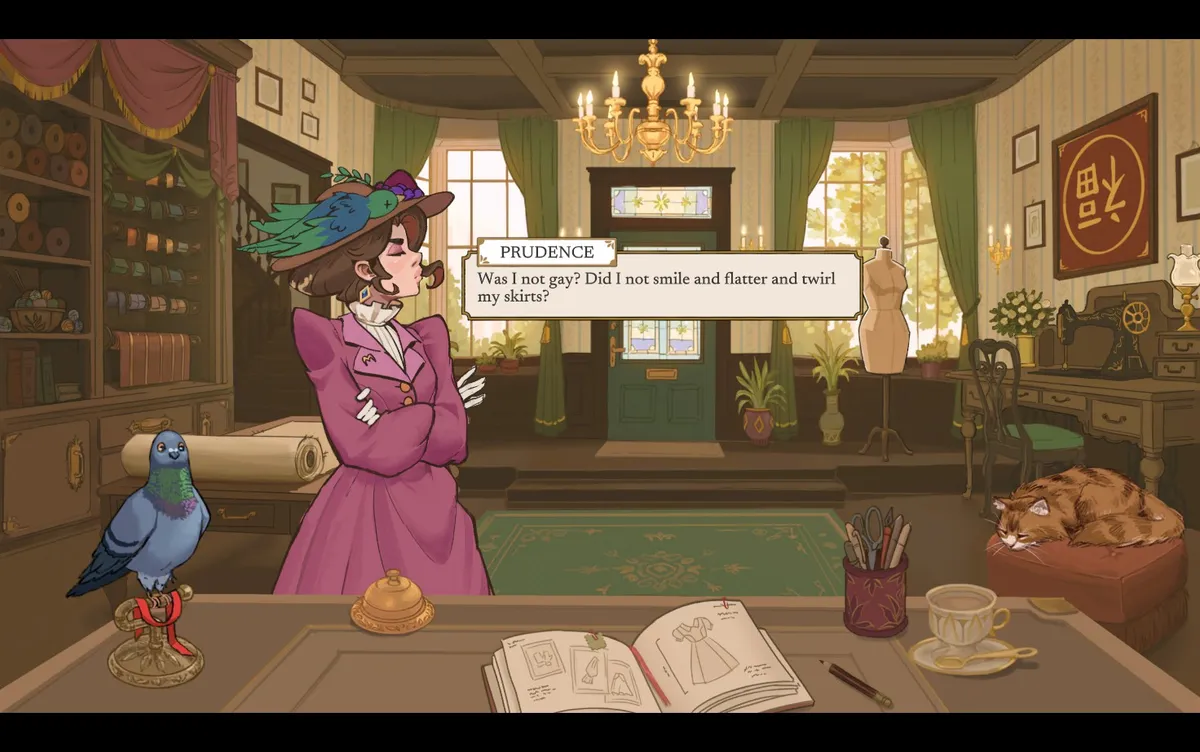 Visual novel screenshot from Dressmaker game. Prudence: Was I not gay, did I not twirl my skirts?