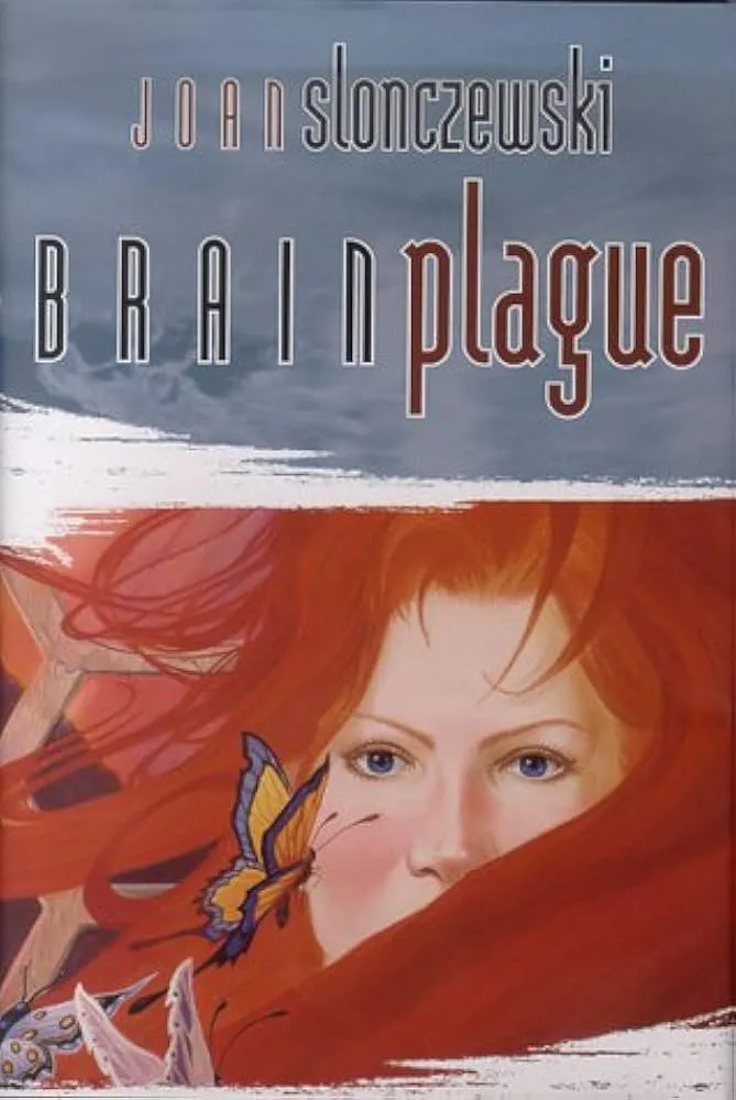 Brain Plague book cover: Closeup of a woman with long flame-red hair in front of a hexagonal background. Three butterflies fly near her face.